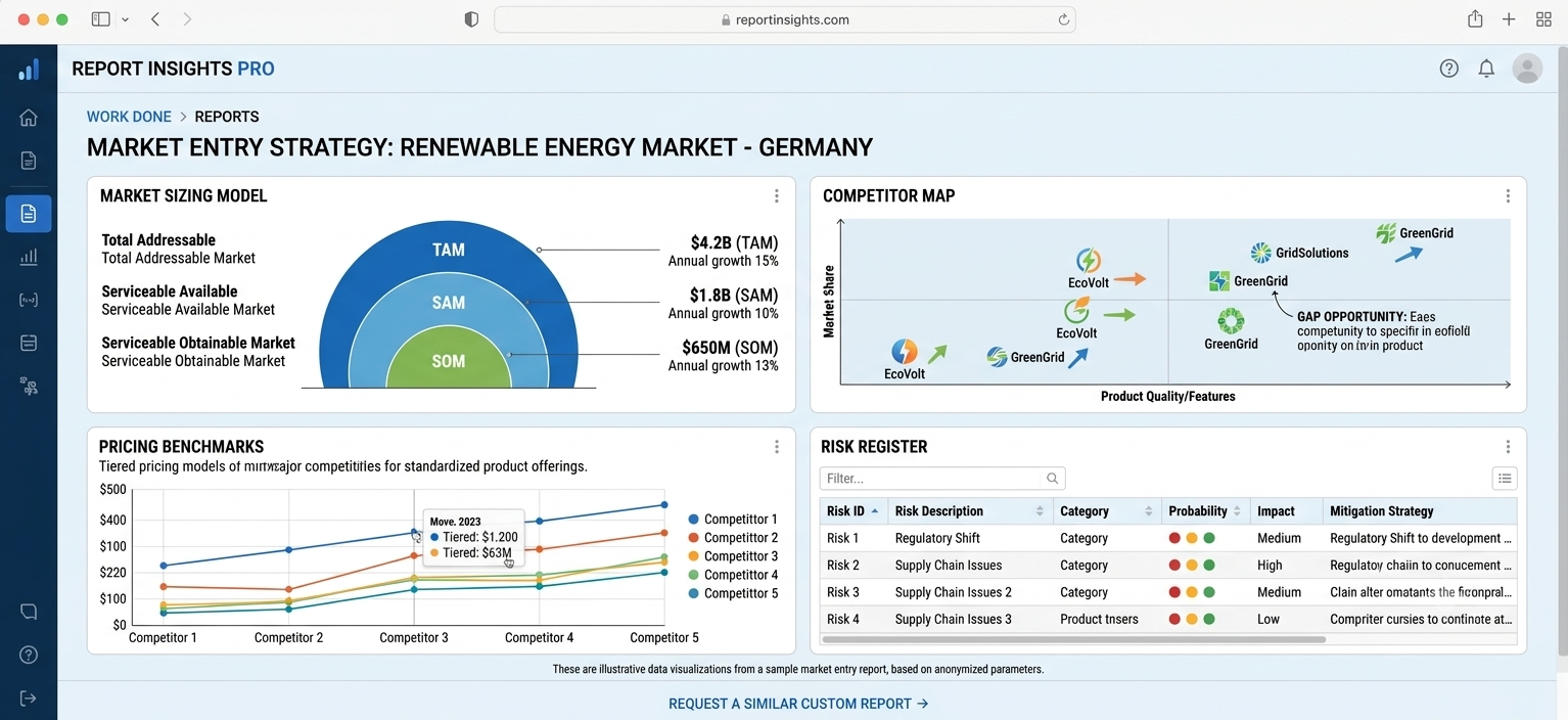 Market Entry Strategy Report work sample showing the delivered interface and data views