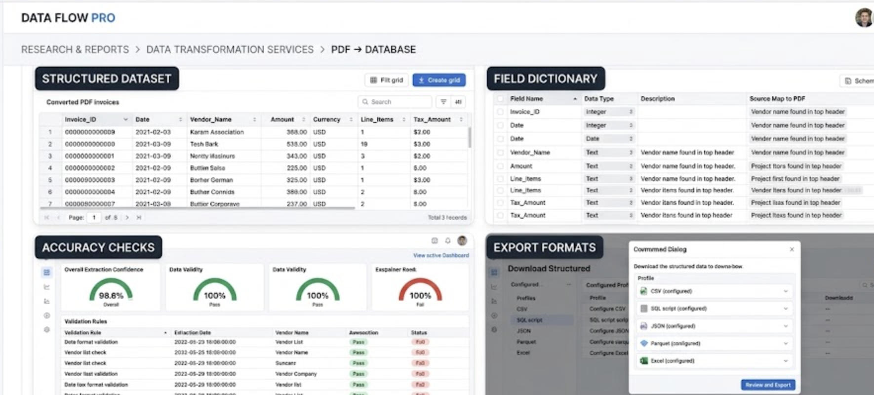 PDF → Database work sample showing the delivered interface and data views